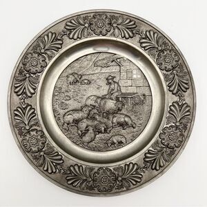 SKS Zinn 95% Pewter Decorative Round Wall Plate Decor Sheepherder West Germany